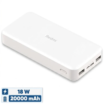 پاوربانک 18 وات 2 پورت شیائومی مدل Redmi ظرفیت 20000 میلی‌آمپرساعت، به همراه کابل MicroUSB به USB-A، با درگاه خروجی USB-A